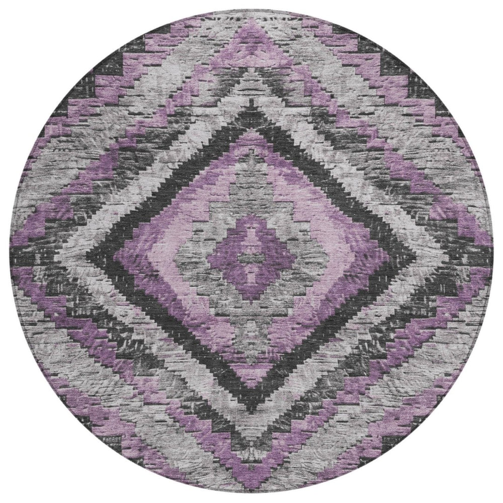 HomeRoots 8' Modern Round Aztec Area Rug in Lavender and Gray - Stylish, Washable for Indoor & Outdoor Use! 624763