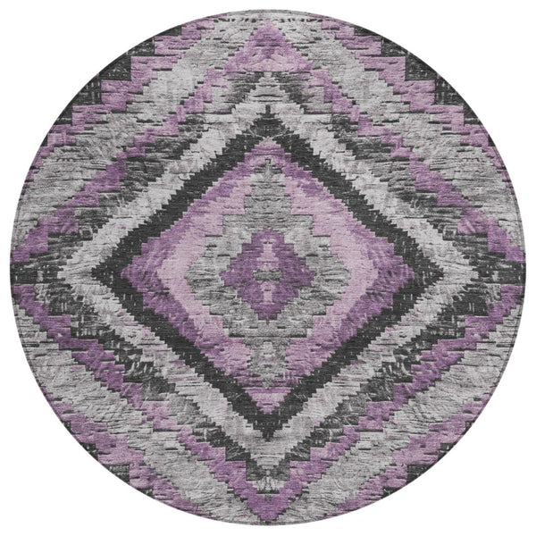 HomeRoots 8' Modern Round Aztec Area Rug in Lavender and Gray - Stylish, Washable for Indoor & Outdoor Use! 624763