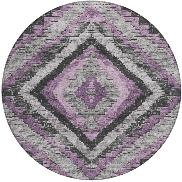HomeRoots 8' Modern Round Aztec Area Rug in Lavender and Gray - Stylish, Washable for Indoor & Outdoor Use! 624763