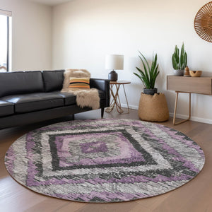 HomeRoots 8' Modern Round Aztec Area Rug in Lavender and Gray - Stylish, Washable for Indoor & Outdoor Use! 624763