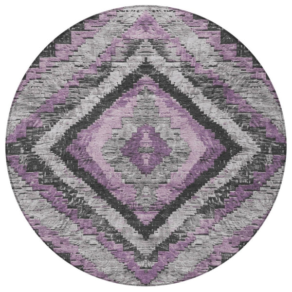 HomeRoots 8' Modern Round Aztec Area Rug in Lavender and Gray - Stylish, Washable for Indoor & Outdoor Use! 624763