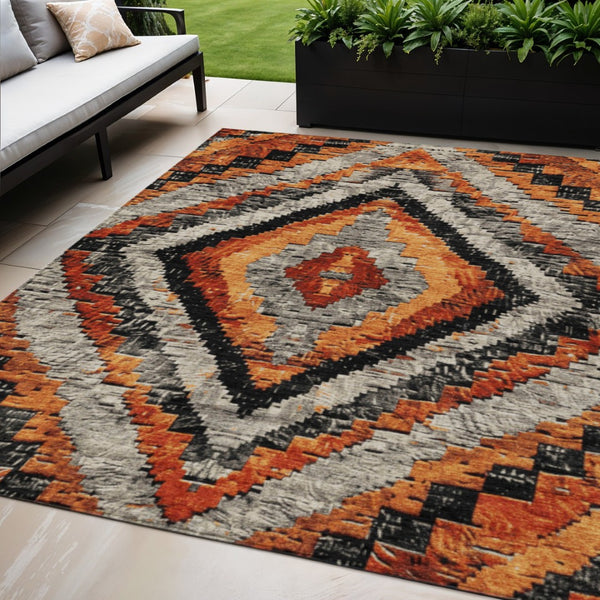 HomeRoots 5' X 8' Aztec-Inspired Terra Cotta and Gray Area Rug – Washable, Durable, Indoor/Outdoor Style! 624780