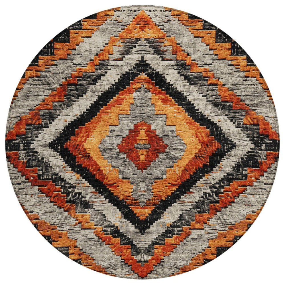 HomeRoots 8' Aztec Round Area Rug - Terra Cotta & Gray Washable Design for Indoor/Outdoor Durability & Style 624781