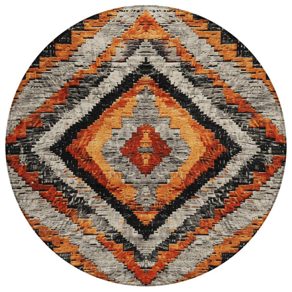 HomeRoots 8' Aztec Round Area Rug - Terra Cotta & Gray Washable Design for Indoor/Outdoor Durability & Style 624781