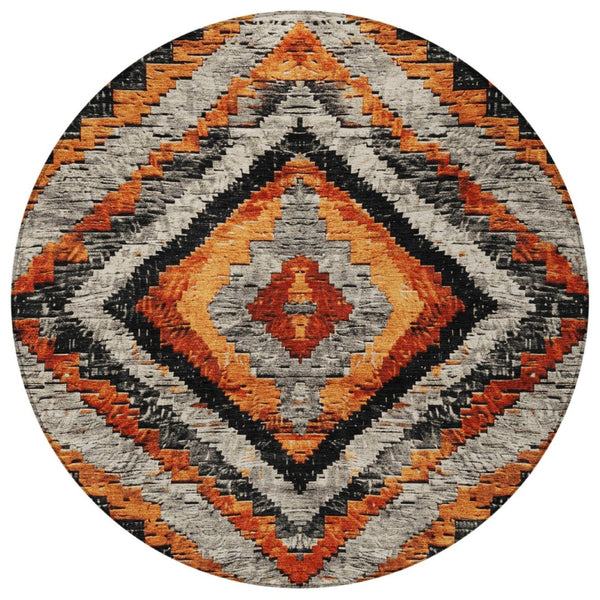 HomeRoots 8' Aztec Round Area Rug - Terra Cotta & Gray Washable Design for Indoor/Outdoor Durability & Style 624781