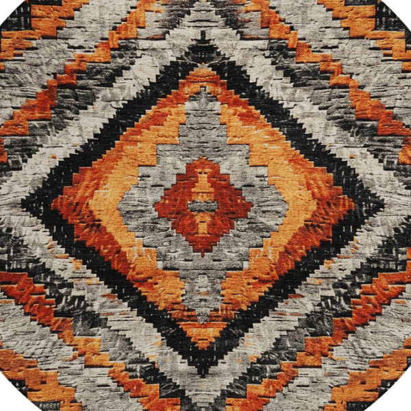 HomeRoots 8' Aztec Round Area Rug - Terra Cotta & Gray Washable Design for Indoor/Outdoor Durability & Style 624781