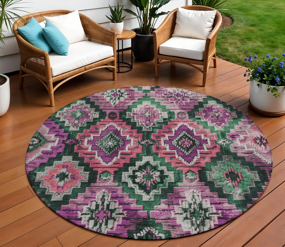 HomeRoots 8' Blush and Green Round Aztec Washable Rug - Stylish, Durable, Indoor/Outdoor Versatility for Any Space 624787