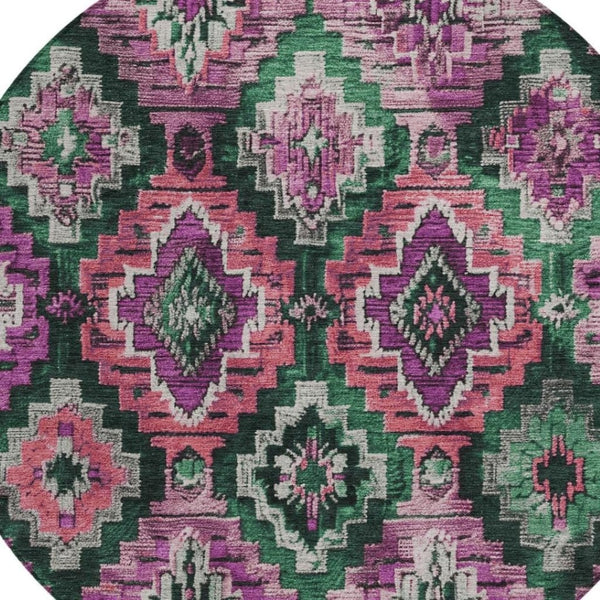 HomeRoots 8' Blush and Green Round Aztec Washable Rug - Stylish, Durable, Indoor/Outdoor Versatility for Any Space 624787
