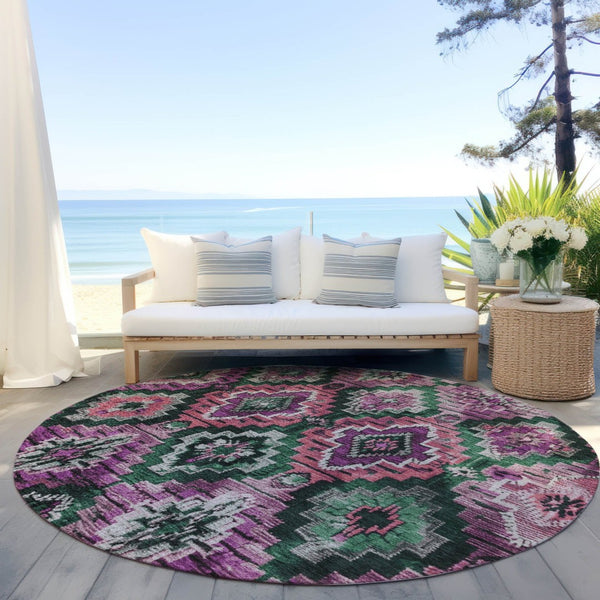 HomeRoots 8' Blush and Green Round Aztec Washable Rug - Stylish, Durable, Indoor/Outdoor Versatility for Any Space 624787