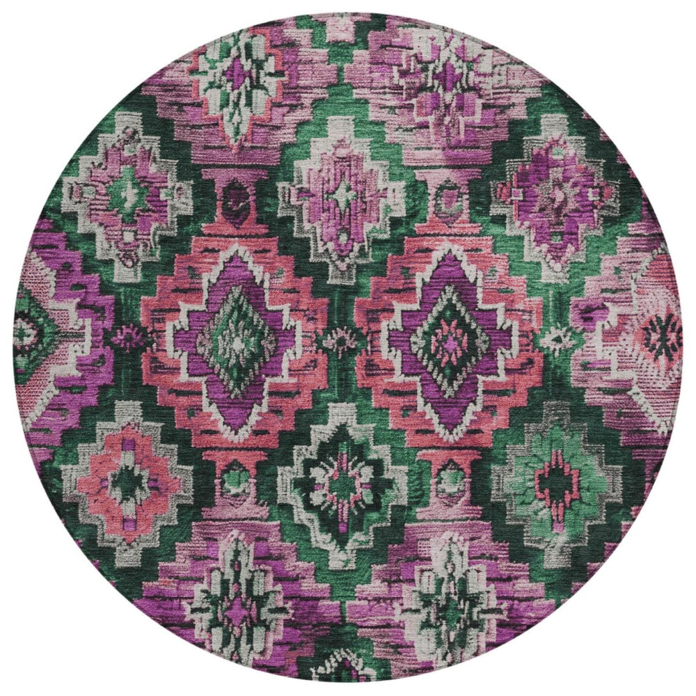 HomeRoots 8' Blush and Green Round Aztec Washable Rug - Stylish, Durable, Indoor/Outdoor Versatility for Any Space 624787