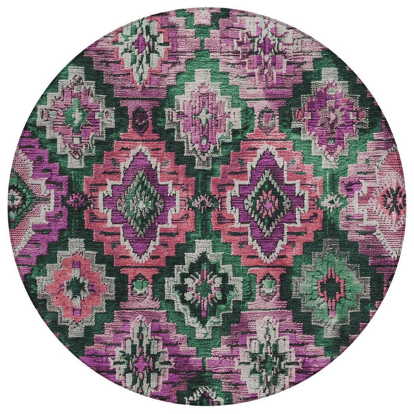 HomeRoots 8' Blush and Green Round Aztec Washable Rug - Stylish, Durable, Indoor/Outdoor Versatility for Any Space 624787