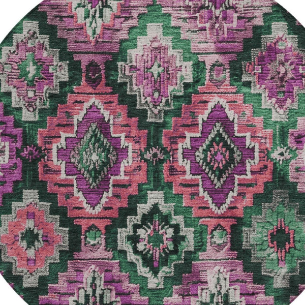 HomeRoots 8' Blush and Green Round Aztec Washable Rug - Stylish, Durable, Indoor/Outdoor Versatility for Any Space 624787