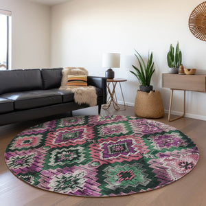 HomeRoots 8' Blush and Green Round Aztec Washable Rug - Stylish, Durable, Indoor/Outdoor Versatility for Any Space 624787