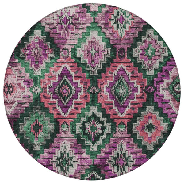 HomeRoots 8' Blush and Green Round Aztec Washable Rug - Stylish, Durable, Indoor/Outdoor Versatility for Any Space 624787