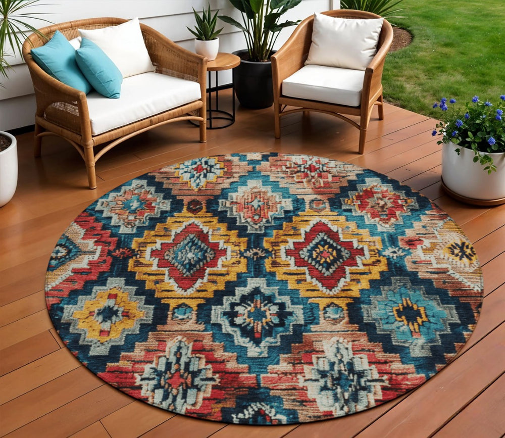 HomeRoots 8' Round Aztec Area Rug in Rust and Blue - Stylish, Washable, Durable for Indoor & Outdoor Spaces 624805