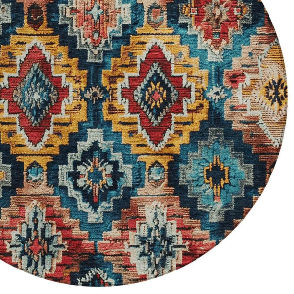 HomeRoots 8' Round Aztec Area Rug in Rust and Blue - Stylish, Washable, Durable for Indoor & Outdoor Spaces 624805