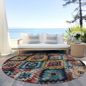 HomeRoots 8' Round Aztec Area Rug in Rust and Blue - Stylish, Washable, Durable for Indoor & Outdoor Spaces 624805