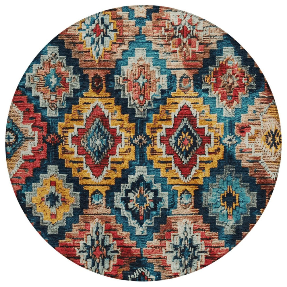 HomeRoots 8' Round Aztec Area Rug in Rust and Blue - Stylish, Washable, Durable for Indoor & Outdoor Spaces 624805