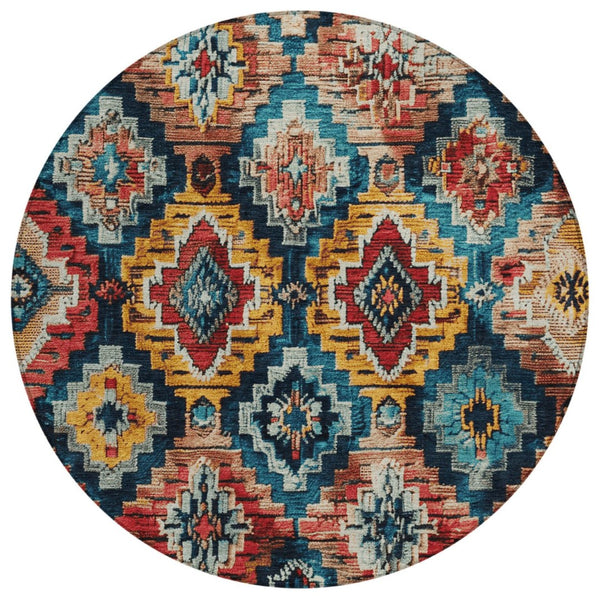 HomeRoots 8' Round Aztec Area Rug in Rust and Blue - Stylish, Washable, Durable for Indoor & Outdoor Spaces 624805