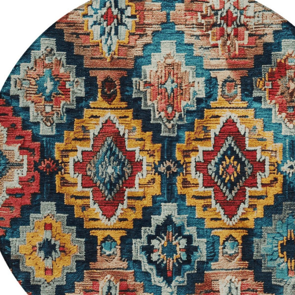 HomeRoots 8' Round Aztec Area Rug in Rust and Blue - Stylish, Washable, Durable for Indoor & Outdoor Spaces 624805