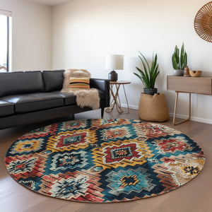 HomeRoots 8' Round Aztec Area Rug in Rust and Blue - Stylish, Washable, Durable for Indoor & Outdoor Spaces 624805