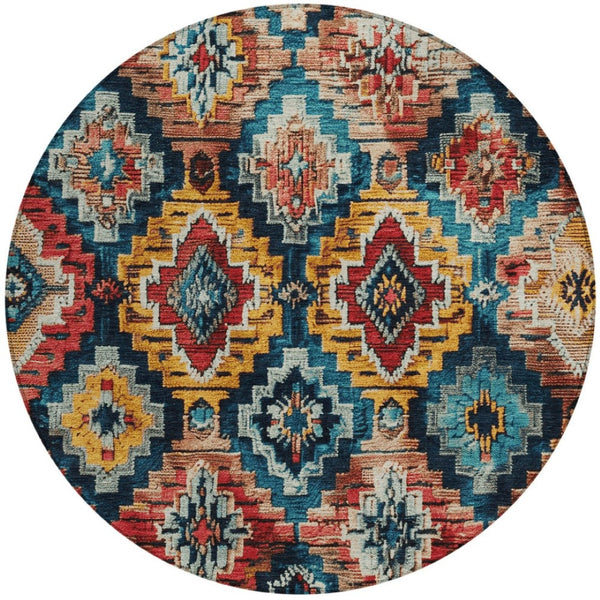 HomeRoots 8' Round Aztec Area Rug in Rust and Blue - Stylish, Washable, Durable for Indoor & Outdoor Spaces 624805