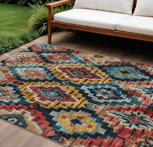 HomeRoots 9' X 12' Aztec Area Rug - Rust & Blue Washable Indoor/Outdoor Rug for Stylish Comfort & Durability 624807