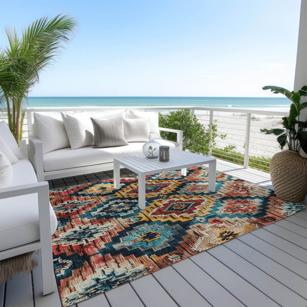 HomeRoots 9' X 12' Aztec Area Rug - Rust & Blue Washable Indoor/Outdoor Rug for Stylish Comfort & Durability 624807