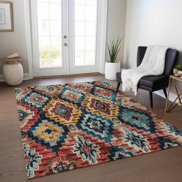 HomeRoots 9' X 12' Aztec Area Rug - Rust & Blue Washable Indoor/Outdoor Rug for Stylish Comfort & Durability 624807