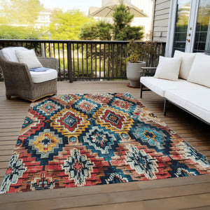 HomeRoots 9' X 12' Aztec Area Rug - Rust & Blue Washable Indoor/Outdoor Rug for Stylish Comfort & Durability 624807