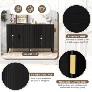 English Elm U_style Striped Four Door Sideboard Mdf Buffet Cabinet with Adjustable Shelves for Dining Black N711P345170B