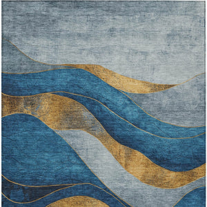 HomeRoots 5' Blue and Gold Abstract Indoor Outdoor Area Rug - Vibrant, Washable, Durable for High-Traffic Spaces 624816