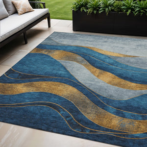 HomeRoots 5' Blue and Gold Abstract Indoor Outdoor Area Rug - Vibrant, Washable, Durable for High-Traffic Spaces 624816