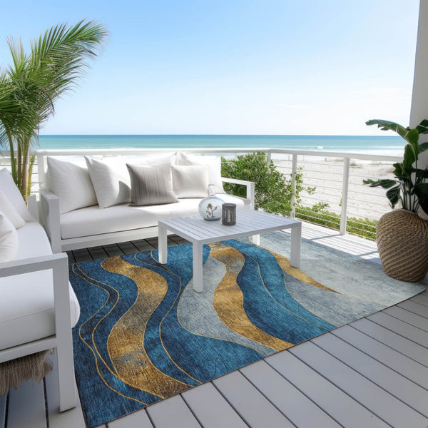 HomeRoots 5' Blue and Gold Abstract Indoor Outdoor Area Rug - Vibrant, Washable, Durable for High-Traffic Spaces 624816