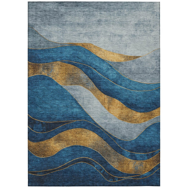 HomeRoots 5' Blue and Gold Abstract Indoor Outdoor Area Rug - Vibrant, Washable, Durable for High-Traffic Spaces 624816