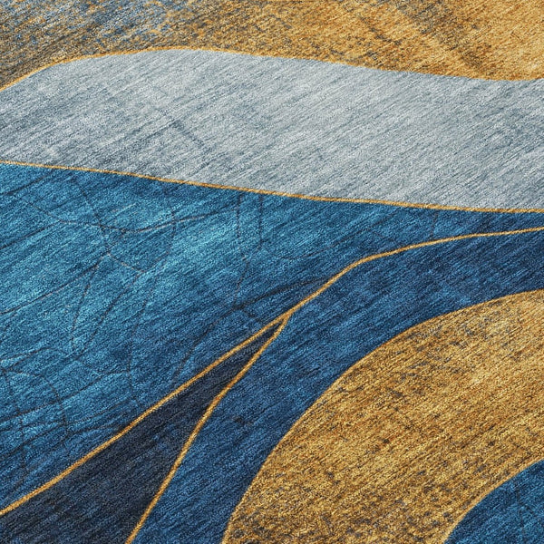 HomeRoots 5' Blue and Gold Abstract Indoor Outdoor Area Rug - Vibrant, Washable, Durable for High-Traffic Spaces 624816