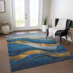 HomeRoots 5' Blue and Gold Abstract Indoor Outdoor Area Rug - Vibrant, Washable, Durable for High-Traffic Spaces 624816