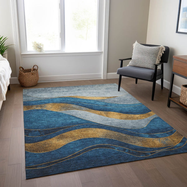 HomeRoots 5' Blue and Gold Abstract Indoor Outdoor Area Rug - Vibrant, Washable, Durable for High-Traffic Spaces 624816