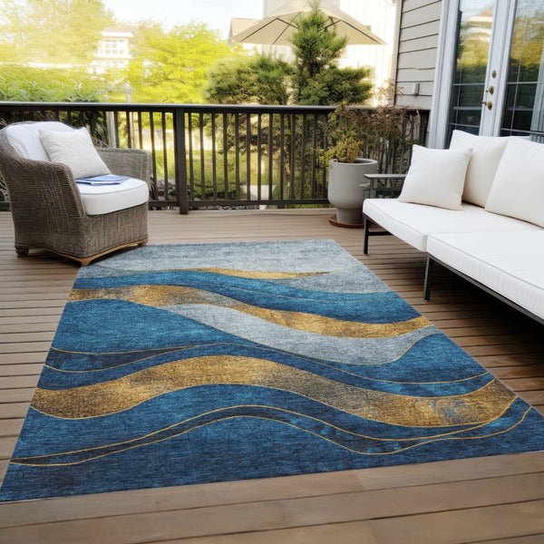 HomeRoots 5' Blue and Gold Abstract Indoor Outdoor Area Rug - Vibrant, Washable, Durable for High-Traffic Spaces 624816