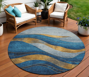 HomeRoots 8' Blue and Gold Round Abstract Area Rug - Modern, Washable, Durable Design for Indoor & Outdoor Use 624817