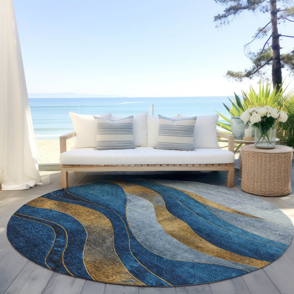 HomeRoots 8' Blue and Gold Round Abstract Area Rug - Modern, Washable, Durable Design for Indoor & Outdoor Use 624817
