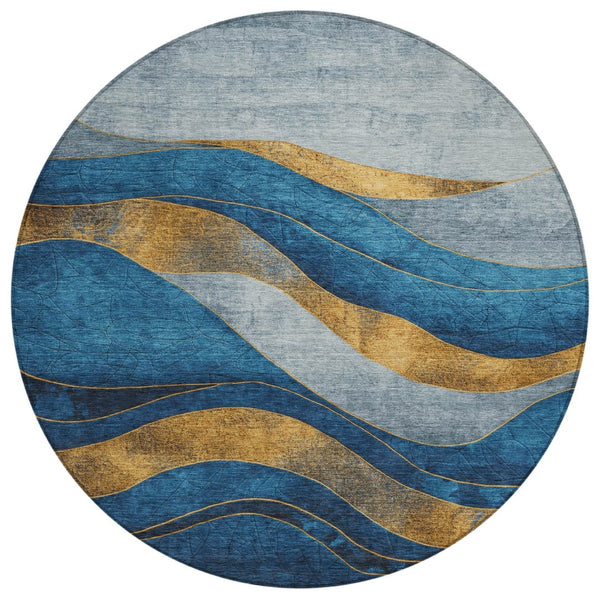 HomeRoots 8' Blue and Gold Round Abstract Area Rug - Modern, Washable, Durable Design for Indoor & Outdoor Use 624817