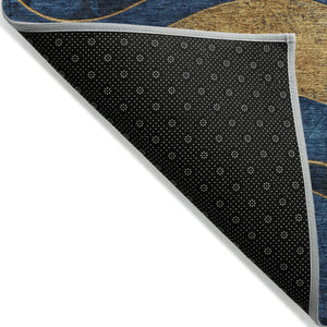 HomeRoots 8' Blue and Gold Round Abstract Area Rug - Modern, Washable, Durable Design for Indoor & Outdoor Use 624817
