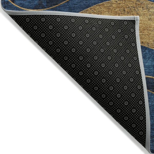 HomeRoots 8' Blue and Gold Round Abstract Area Rug - Modern, Washable, Durable Design for Indoor & Outdoor Use 624817
