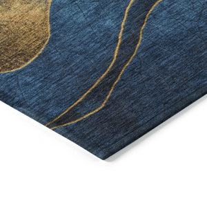 HomeRoots 8' Blue and Gold Round Abstract Area Rug - Modern, Washable, Durable Design for Indoor & Outdoor Use 624817