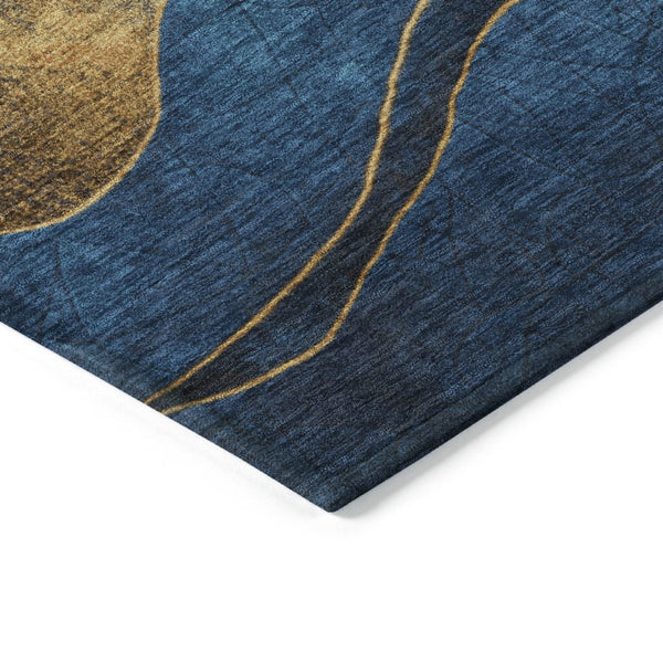 HomeRoots 8' Blue and Gold Round Abstract Area Rug - Modern, Washable, Durable Design for Indoor & Outdoor Use 624817