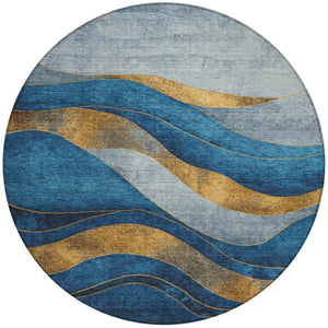 HomeRoots 8' Blue and Gold Round Abstract Area Rug - Modern, Washable, Durable Design for Indoor & Outdoor Use 624817