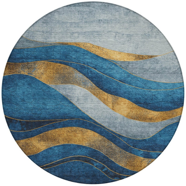 HomeRoots 8' Blue and Gold Round Abstract Area Rug - Modern, Washable, Durable Design for Indoor & Outdoor Use 624817