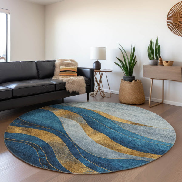 HomeRoots 8' Blue and Gold Round Abstract Area Rug - Modern, Washable, Durable Design for Indoor & Outdoor Use 624817