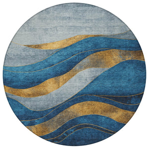 HomeRoots 8' Blue and Gold Round Abstract Area Rug - Modern, Washable, Durable Design for Indoor & Outdoor Use 624817